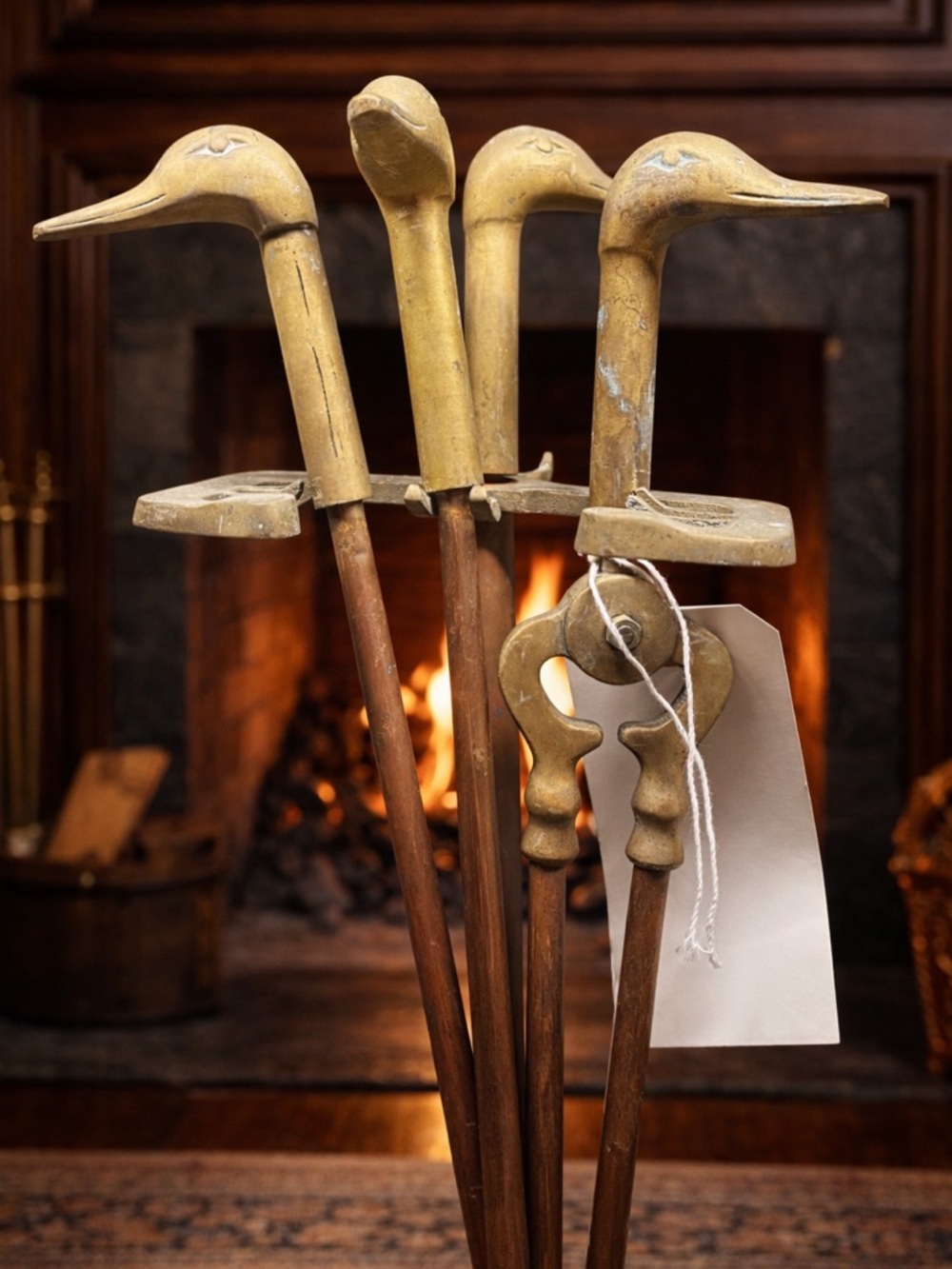 Vintage Brass Duck-Head Fireplace Tool Set - Brass & Brown